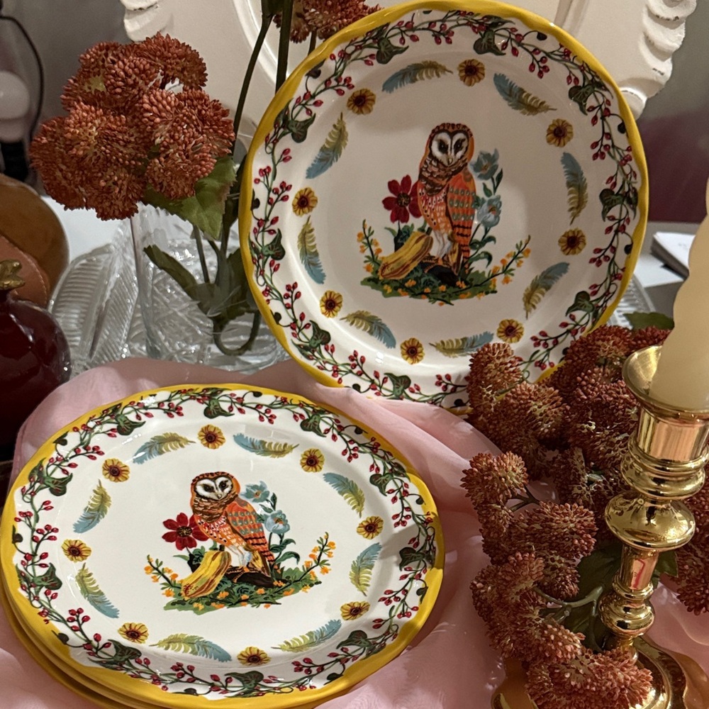 Anthropologie  4 # Decorative Owl Ceramic Salad/Dessert Plates - Yellow Trim